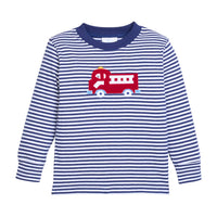 Little English classic childrens clothing.  Navy and white stripe knit long sleeve t-shirt with fire truck applique for little boys.