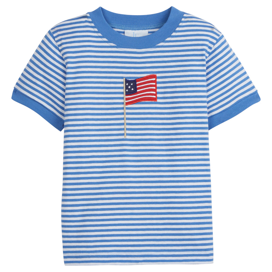 Little English classic children’s clothing, boys regatta blue short-sleeve striped t-shirt with applique American flag