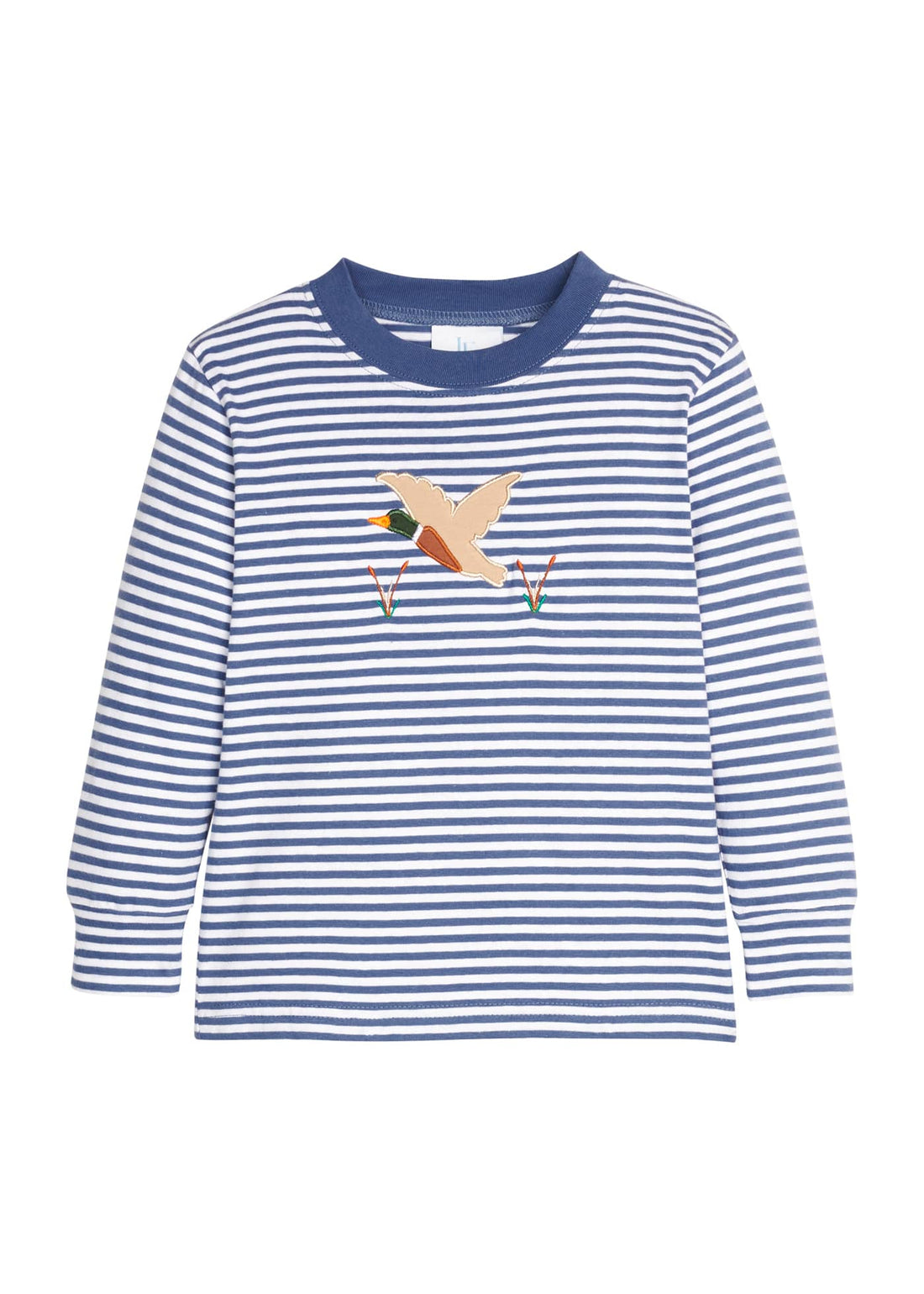 Little English classic childrens clothing.  Gray blue and white stripe knit long sleeve t-shirt with flying mallard applique for little boys.