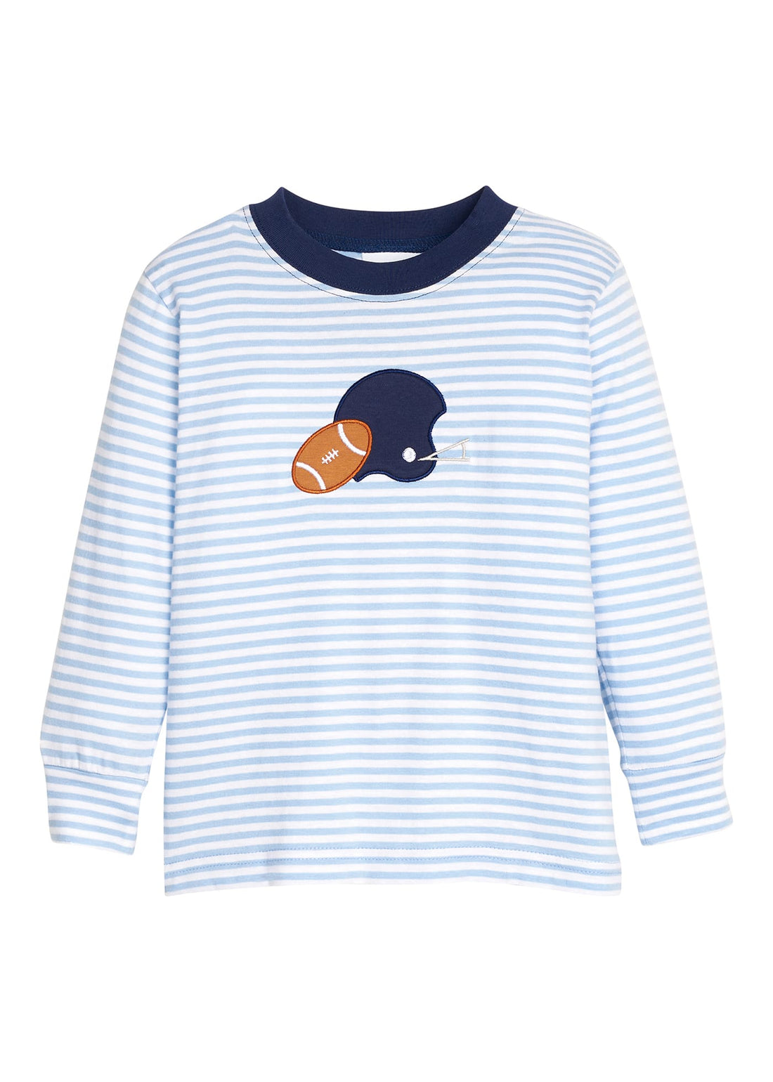 Little English classic childrens clothing.  Light blue and white stripe knit long sleeve t-shirt with football and helmet applique for little boys.