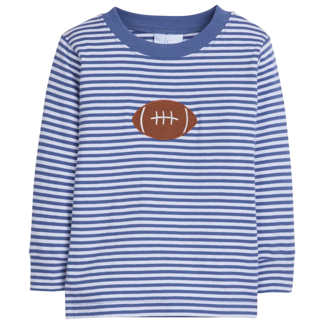 little english classic childrens clothing boys long sleeve royal blue striped t-shirt with football applique