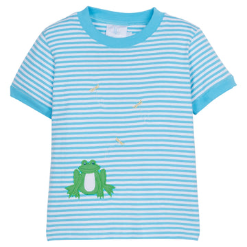 Little English classic children’s clothing, boys aqua blue short-sleeve striped t-shirt with green applique frog