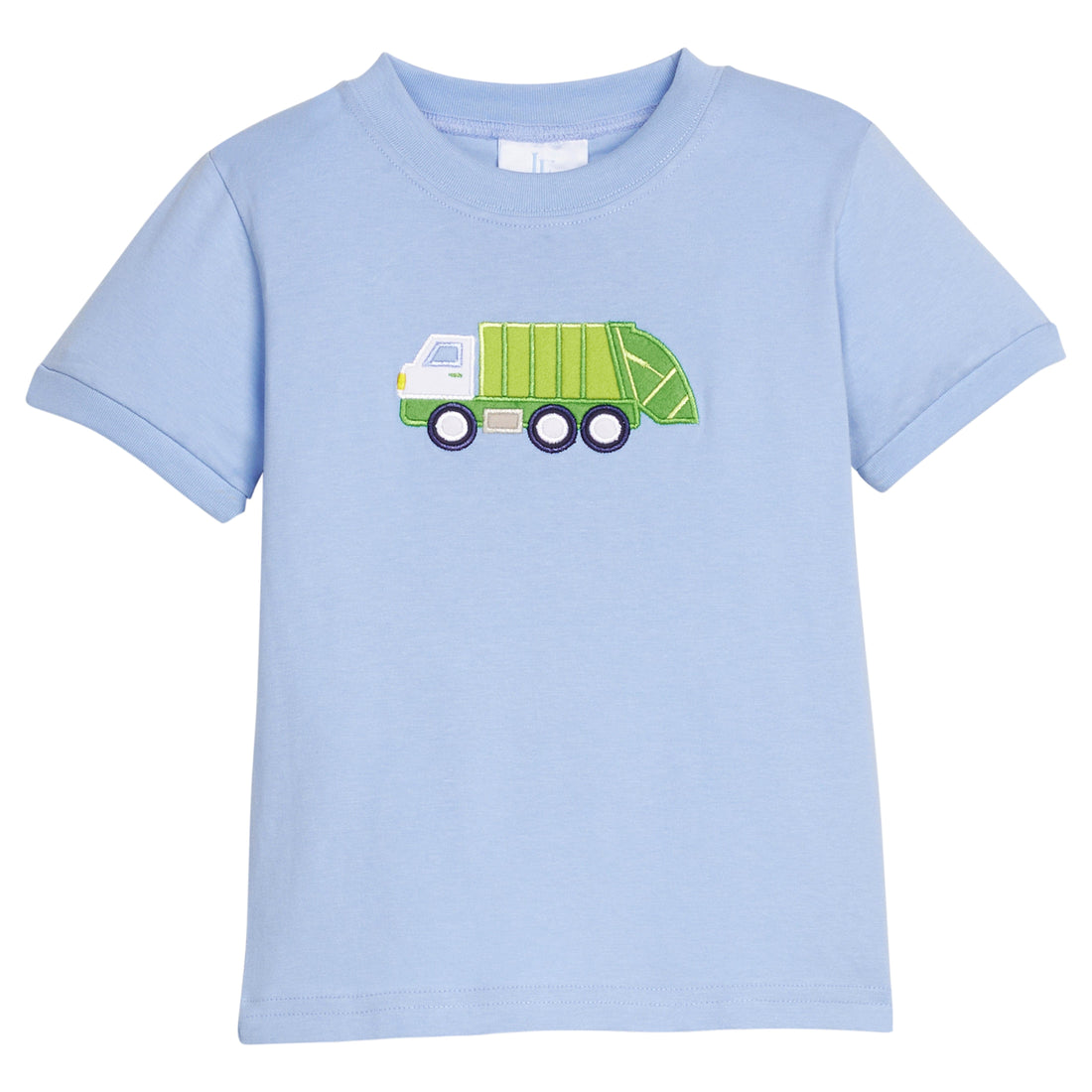 Little english classic t-shirt in light blue with garbage truck applique, for little boy 
