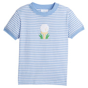 Little English classic children’s clothing, boys light blue short-sleeve striped t-shirt with an applique golf ball on a yellow tee.