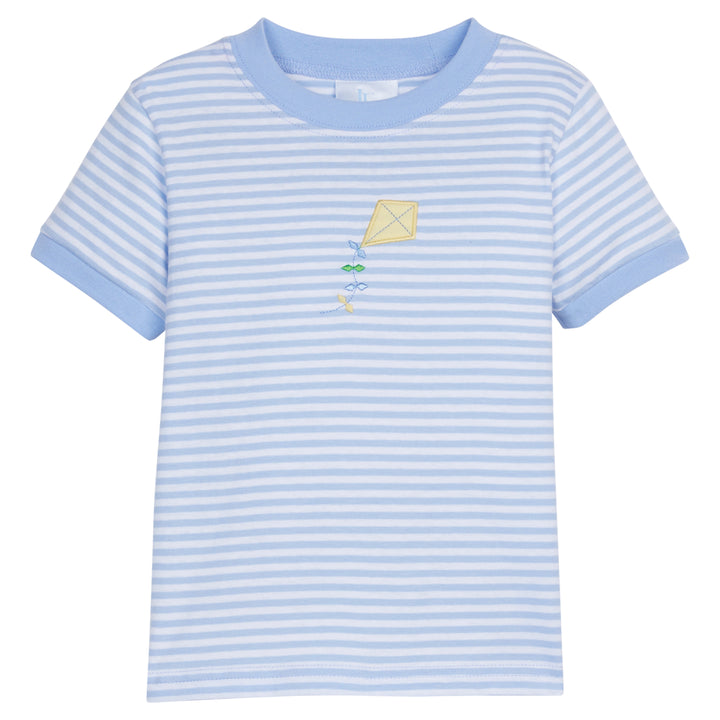 Little English classic children’s clothing, boys light blue short-sleeve striped t-shirt with yellow applique kite