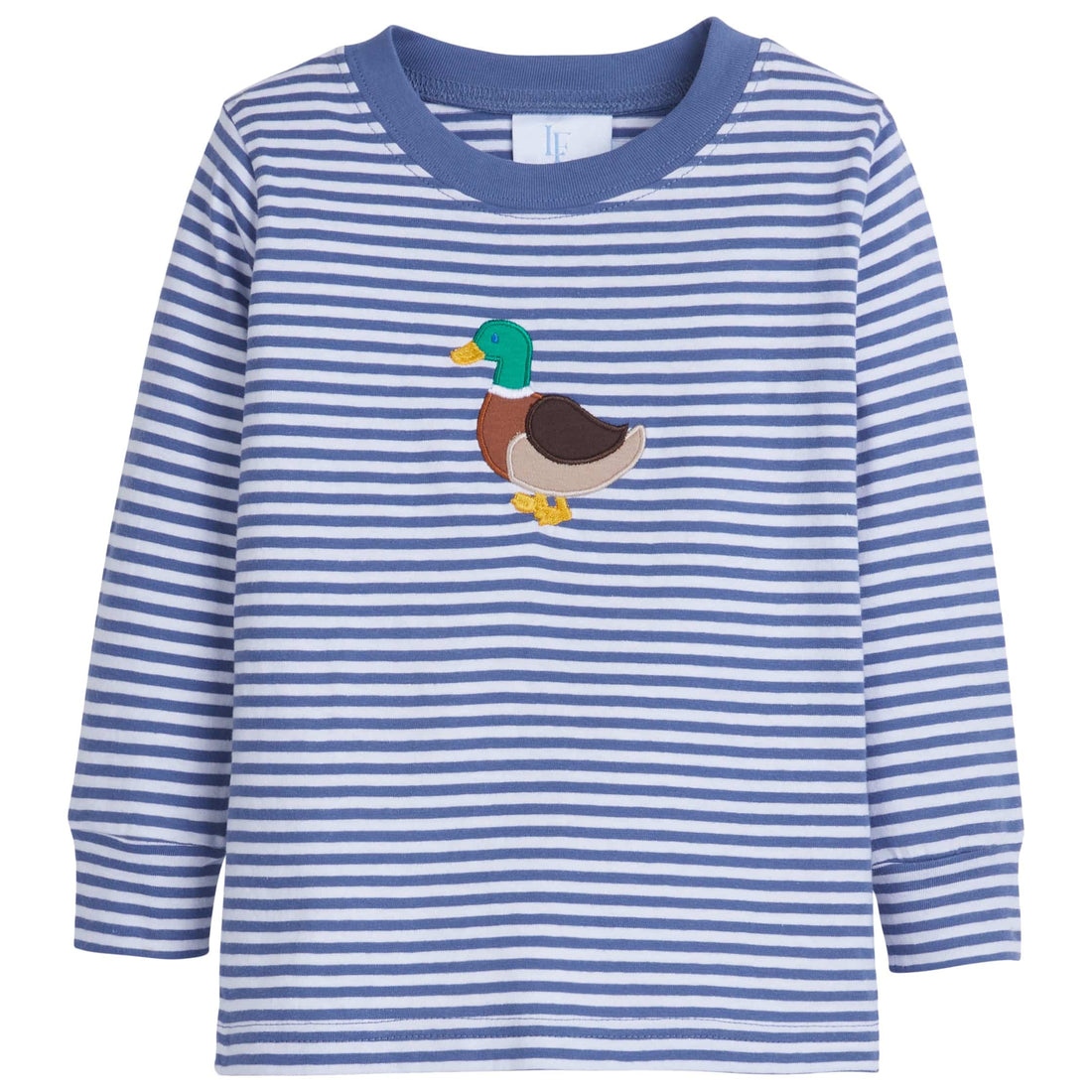 little english classic childrens clothing boys long sleeved royal blue striped t-shirt with applique mallard