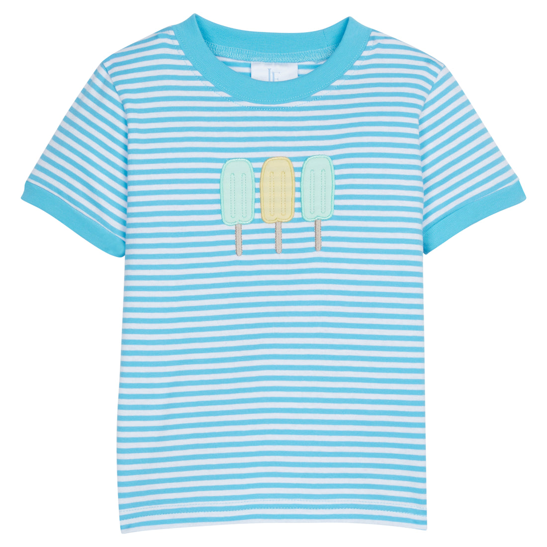 Little English classic children’s clothing, boys aqua blue short-sleeve striped t-shirt with three applique popsicles