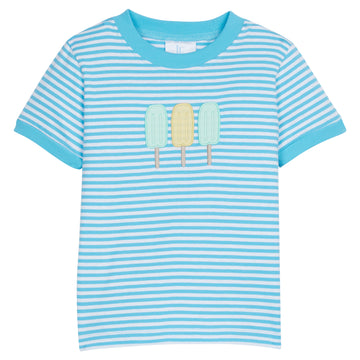 Little English classic children’s clothing, boys aqua blue short-sleeve striped t-shirt with three applique popsicles