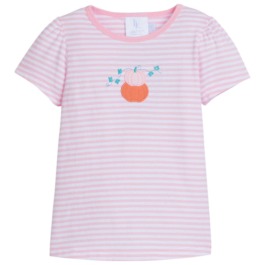 little english classic childrens clothing girls short sleeve pink striped tshirt with pumpkin applique