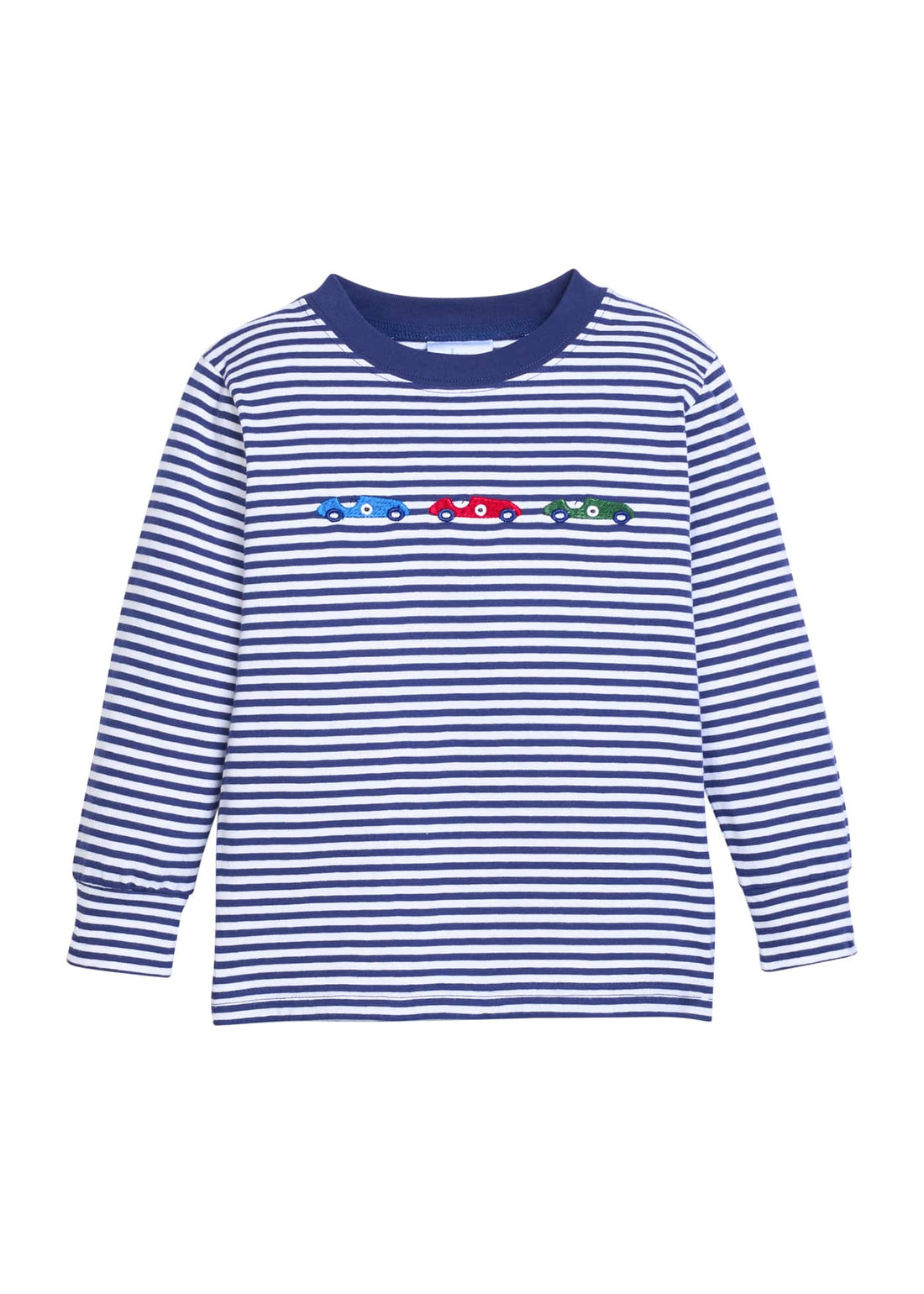 Little English classic childrens clothing.  Navy and white stripe knit long sleeve t-shirt with red, blue, and green appliqued race cars for little boys.