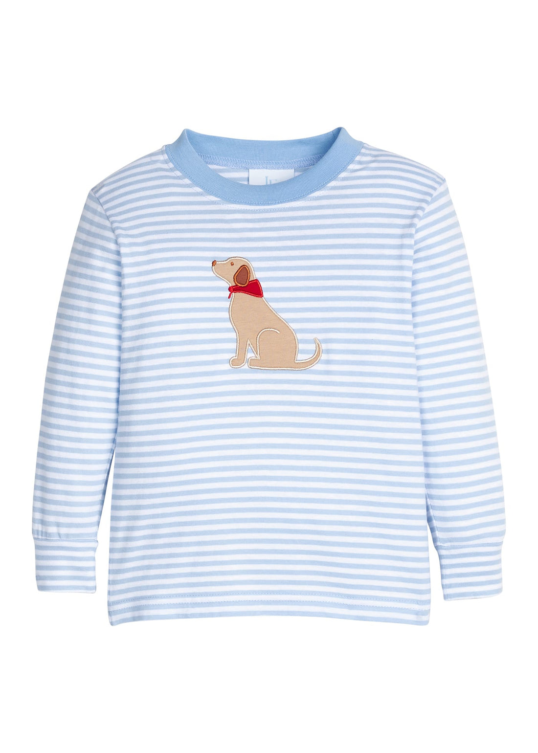Little English classic childrens clothing.  Light blue and white stripe knit long sleeve t-shirt with seated lab applique for little boys.