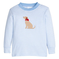Little English classic childrens clothing.  Light blue and white stripe knit long sleeve t-shirt with seated lab applique for little boys.
