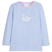little english classic childrens clothing girls long sleeved light blue striped tshirt with applique swan