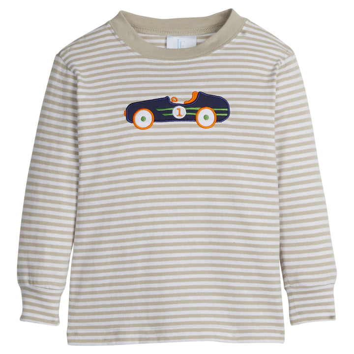 Little English classic knit t-shirt for little boys. Light grey and white striped t-shirt with applique vintage car on front.
