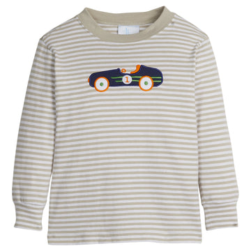 Little English classic knit t-shirt for little boys. Light grey and white striped t-shirt with applique vintage car on front.