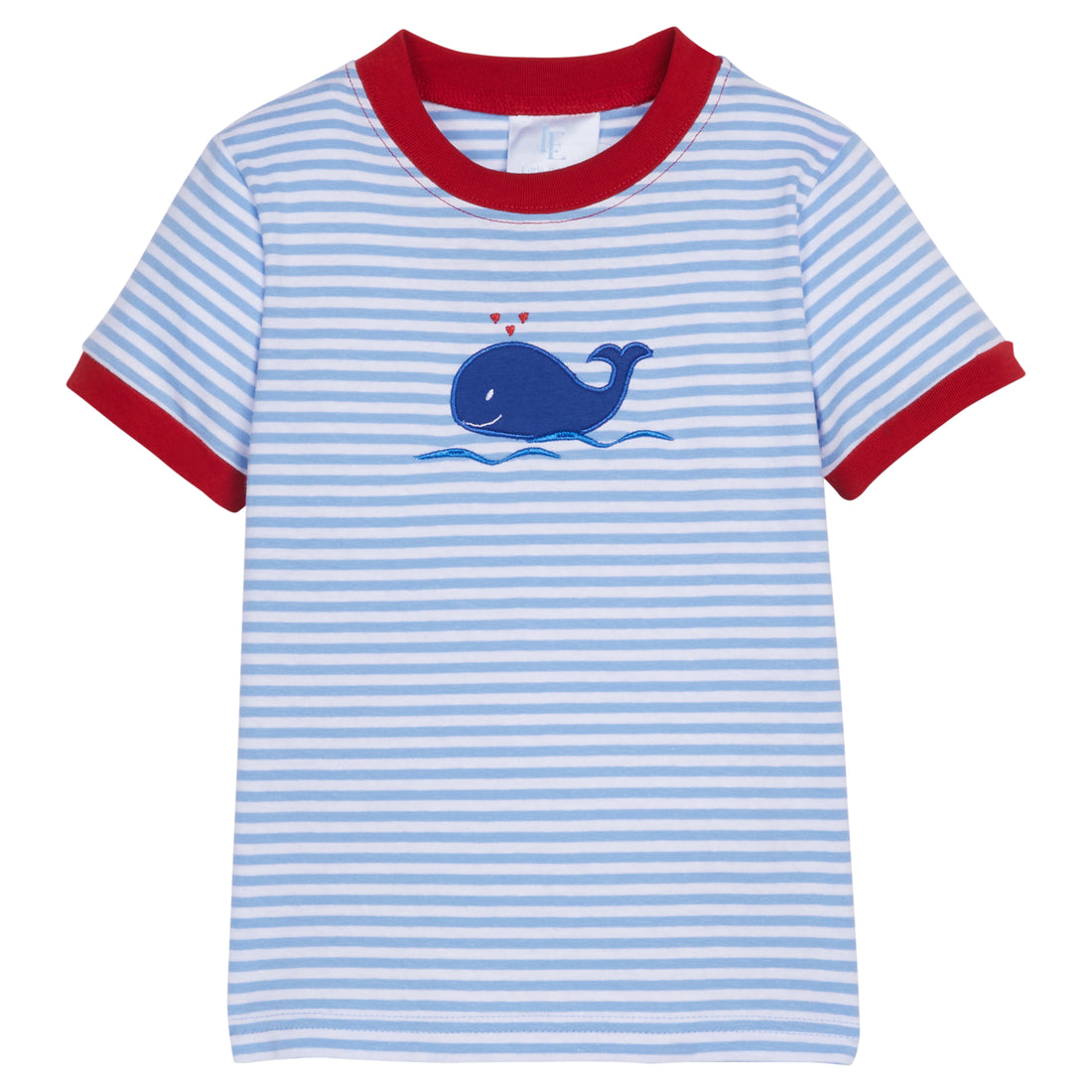 Little English classic children’s clothing, boys light blue short-sleeve striped t-shirt with red at the collar and sleeves and a blue applique whale
