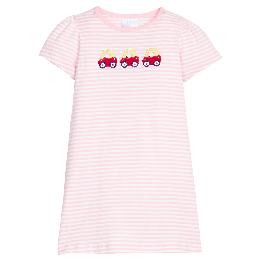 little english classic applique T-shirt dress in light pink stripe with toy car applique on chest for little girl