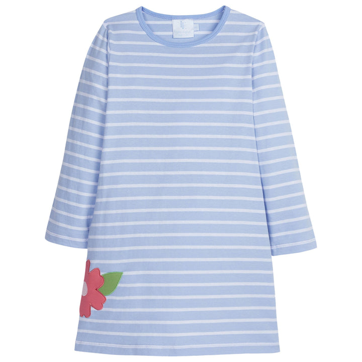 little english classic childrens clothing girls long sleeve blue striped dress with applique flower on the skirt