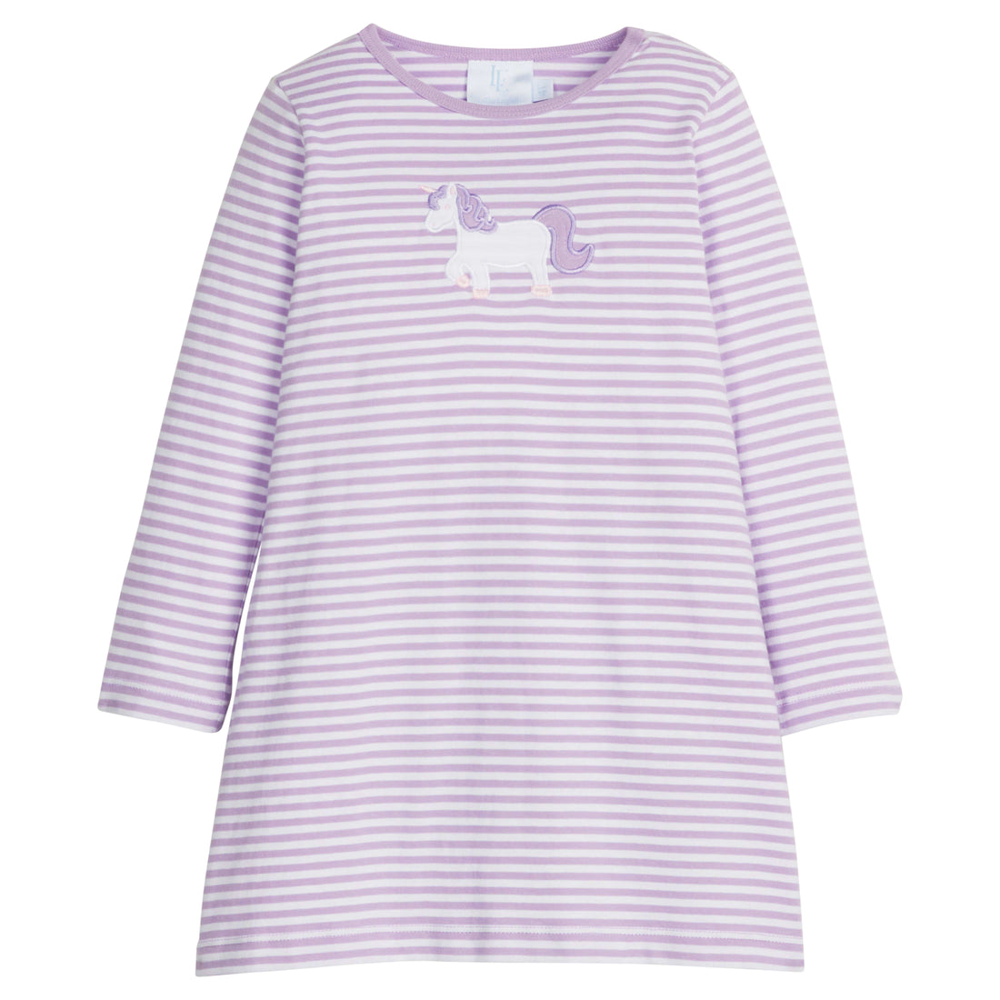 Little English classic knit dress for little girls. Lavender and white striped dress with applique unicorn.