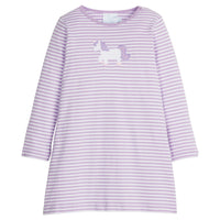 Little English classic knit dress for little girls. Lavender and white striped dress with applique unicorn.