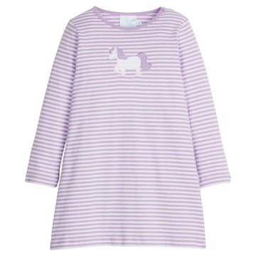 Little English classic knit dress for little girls. Lavender and white striped dress with applique unicorn.