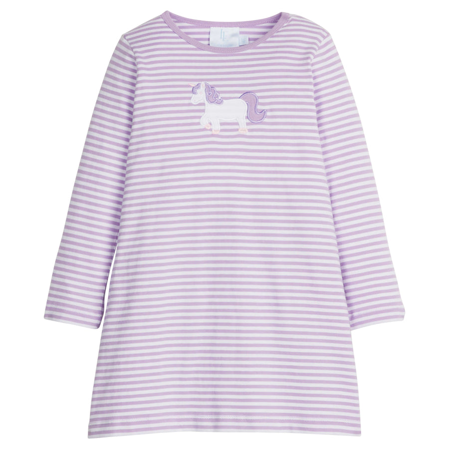 Little English classic knit dress for little girls. Lavender and white striped dress with applique unicorn.
