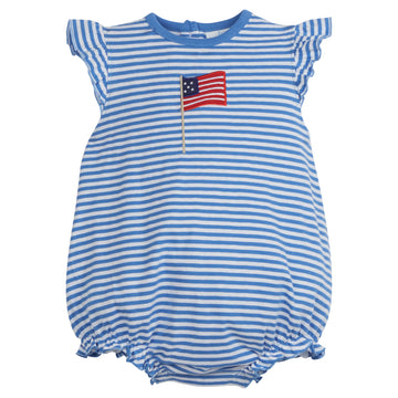 Little English classic children’s clothing, girl's regatta blue striped bubble with ruffle sleeve and applique American flag