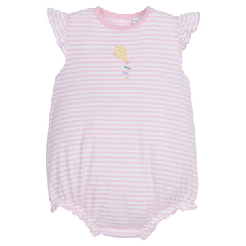 Little English classic children’s clothing, baby girl's light pink striped bubble with ruffle sleeves and a yellow applique kite