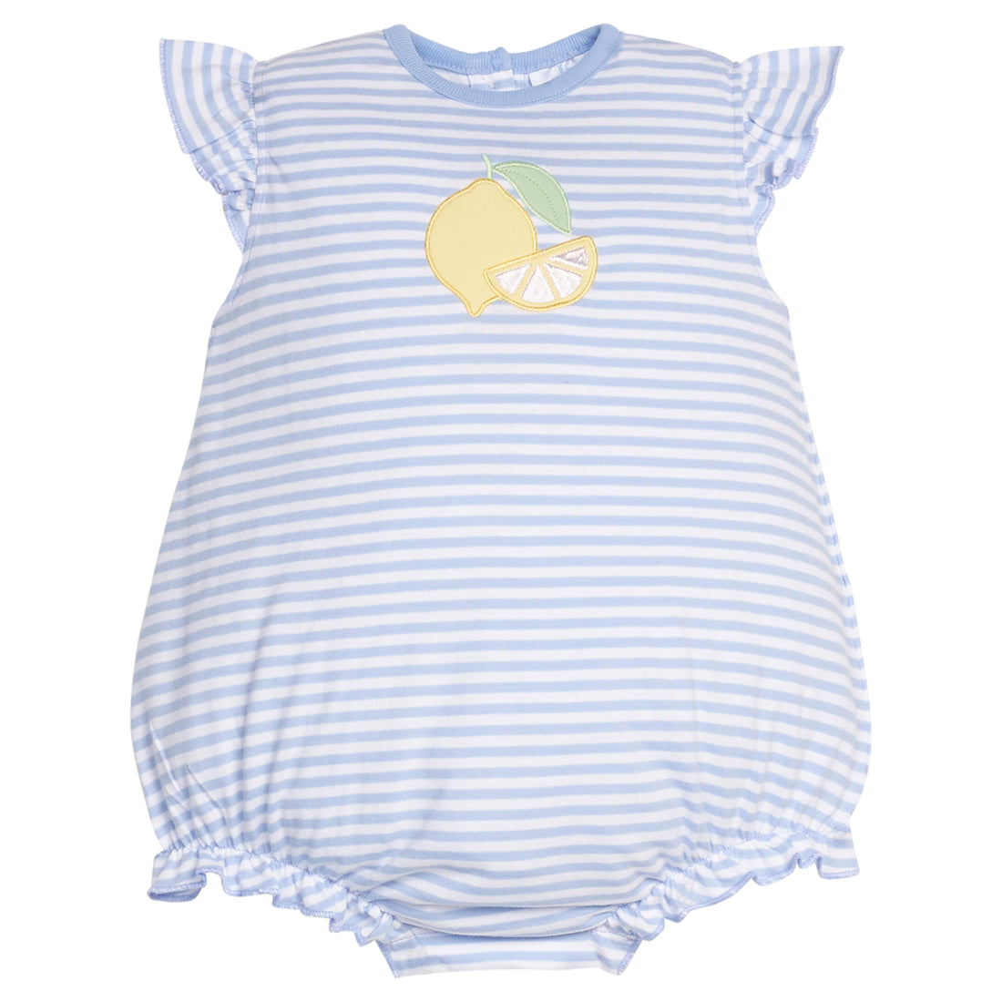 little english classic twill bubble in light blue stripe with flutter sleeves and lemon applique on chest, for baby girl 