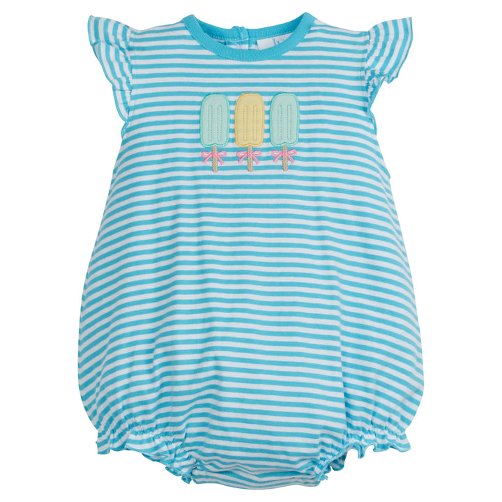 Little English classic children’s clothing, baby girl's aqua blue striped bubble with ruffle sleeves and three applique popsicles