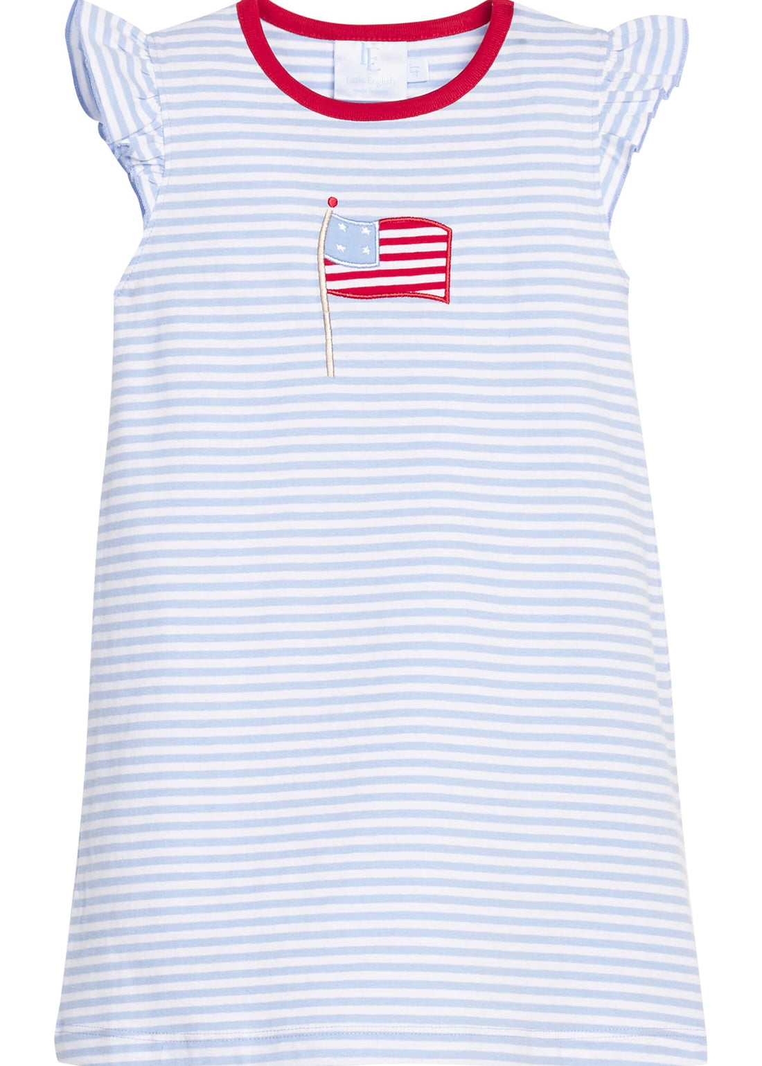 Little english classic knit dress in light blue stripe with flutter sleeves and flag applique for little girl 