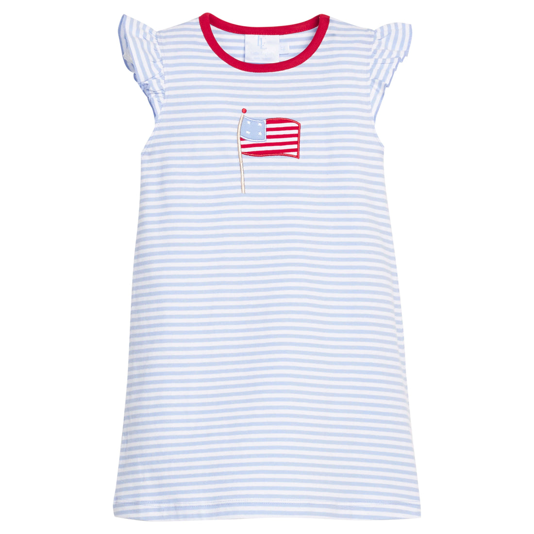 Little english classic knit dress in light blue stripe with flutter sleeves and flag applique for little girl 