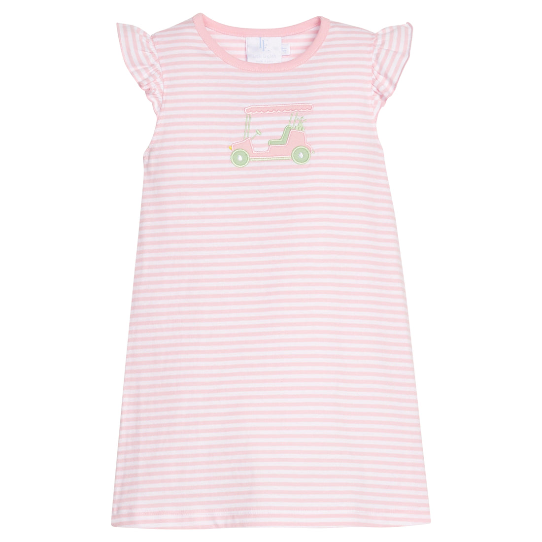 little english classic knit dress in light pink stripe with flutter sleeves and pink golf cart applique, for little girl 