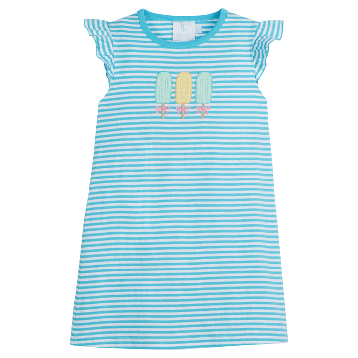 Little English classic children’s clothing, girl's aqua blue striped dress with ruffle sleeves and three applique popsicles