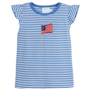 Little English classic children’s clothing, girl's regatta blue striped tank with ruffle sleeve and applique American flag