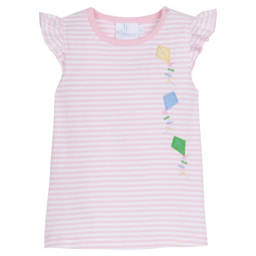 Little English classic children’s clothing, girl's light pink striped tank with ruffle sleeves and three yellow, blue, and green applique kites