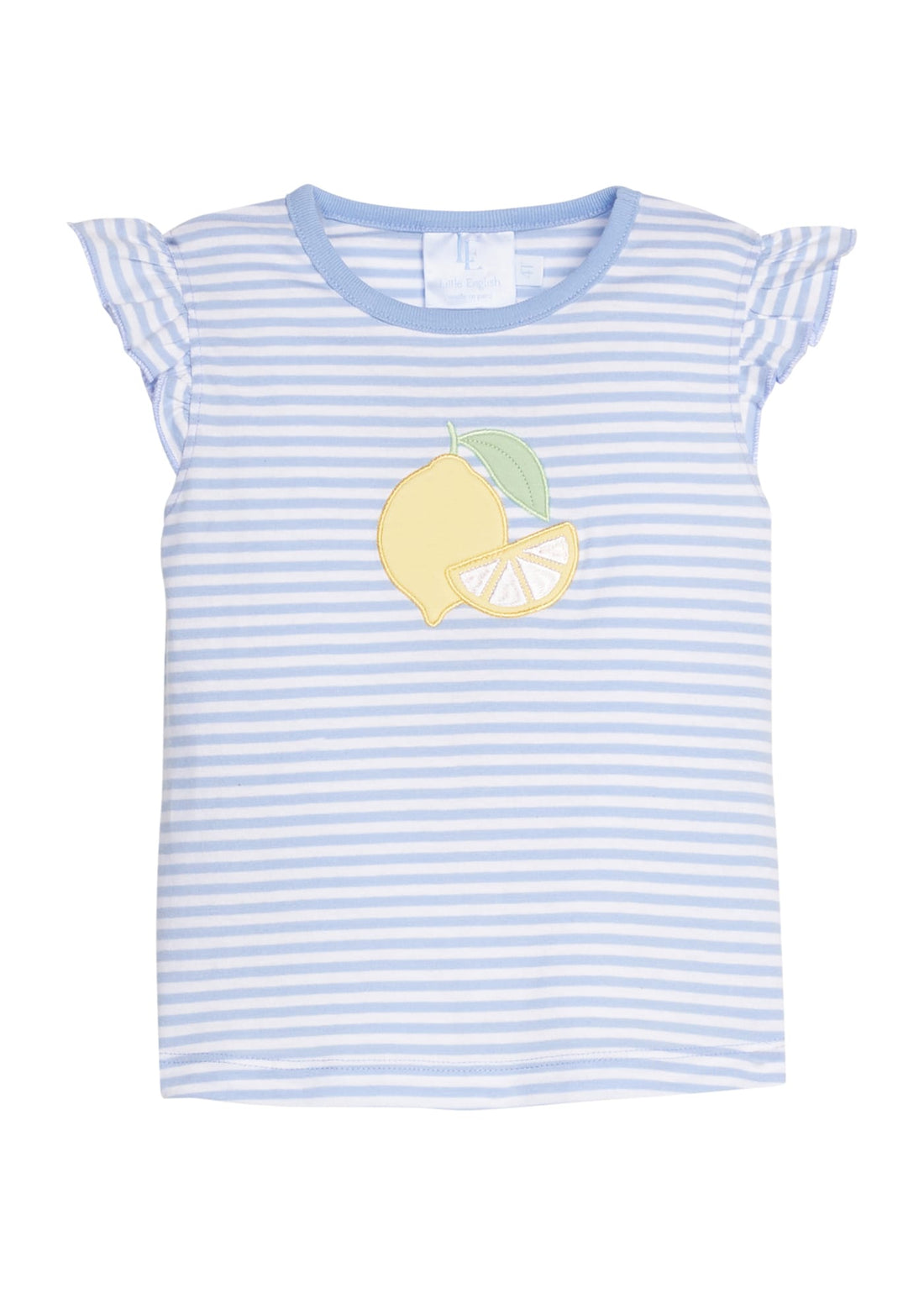 Little english classic twill tank in light blue stripe with flutter sleeves and lemon applique on chest, for little girl 