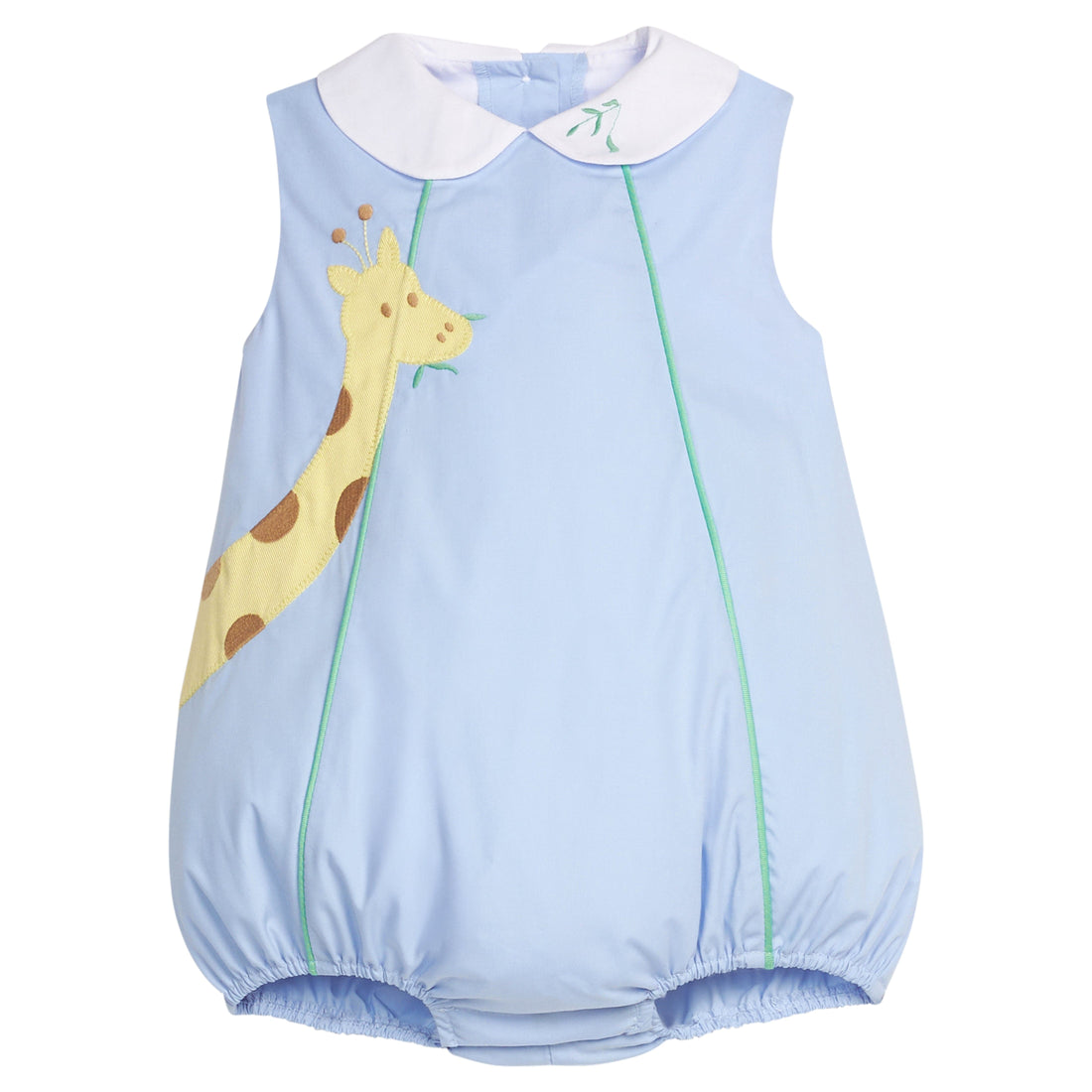 little english classic sleeveless woven bubble in light blue with giraffe motif on the right side, for little boy  