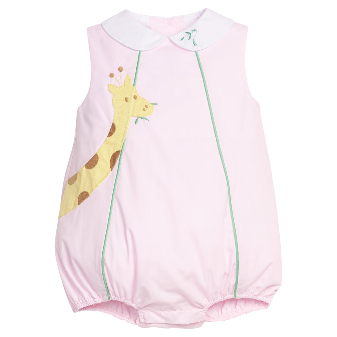 little english classic sleeveless woven bubble in light pink with giraffe motif on the right side, for little girl