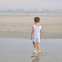 Little English traditional children's clothing. Light blue and white striped John John for toddler boys for summer