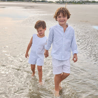 Little English traditional children's clothing.  Mandarin collar button down shirt for boys with light blue and white stripes