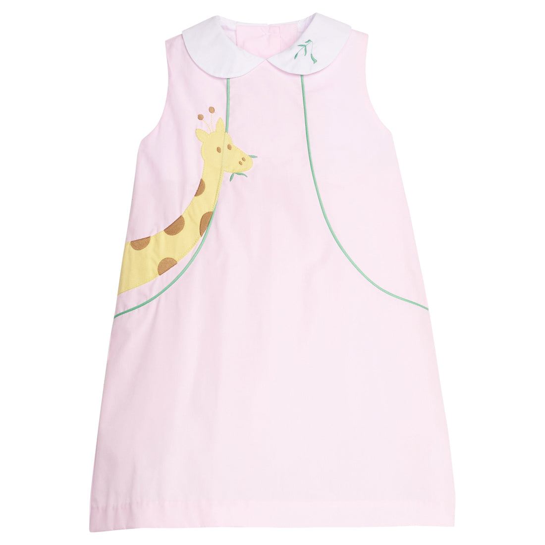 little english classic twill apron jumper in light pink with giraffe motif on right side, for little girl 
