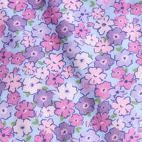 Little English traditional children's clothing. Purple, pink, and blue Ashbrook Floral fabric swatch