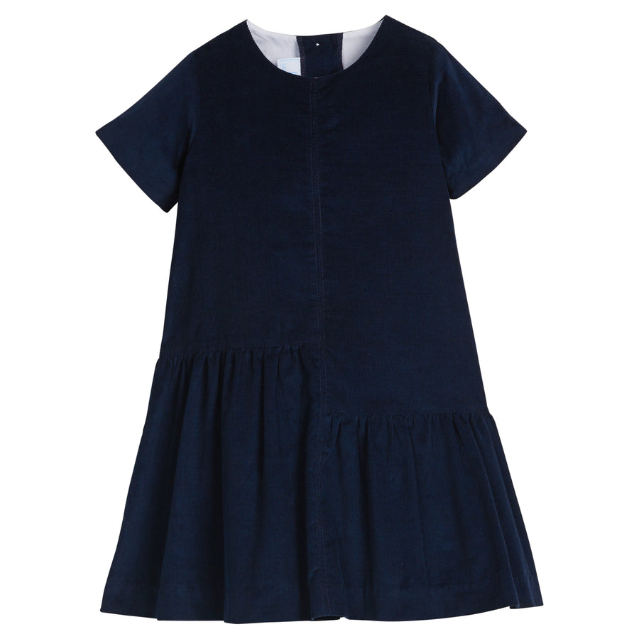 Little English classic children's clothing, short sleeve navy corduroy dress for little girls with asymmetrical skirt. 