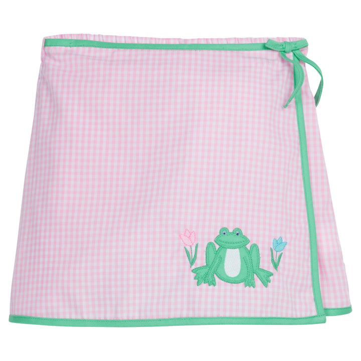 Little English traditional children's clothing, girl's classic light pink gingham skort for Spring with green trim and frog applique