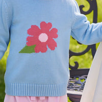 Little English classic toddler girl light blue sweater with pink flower motif on chest
