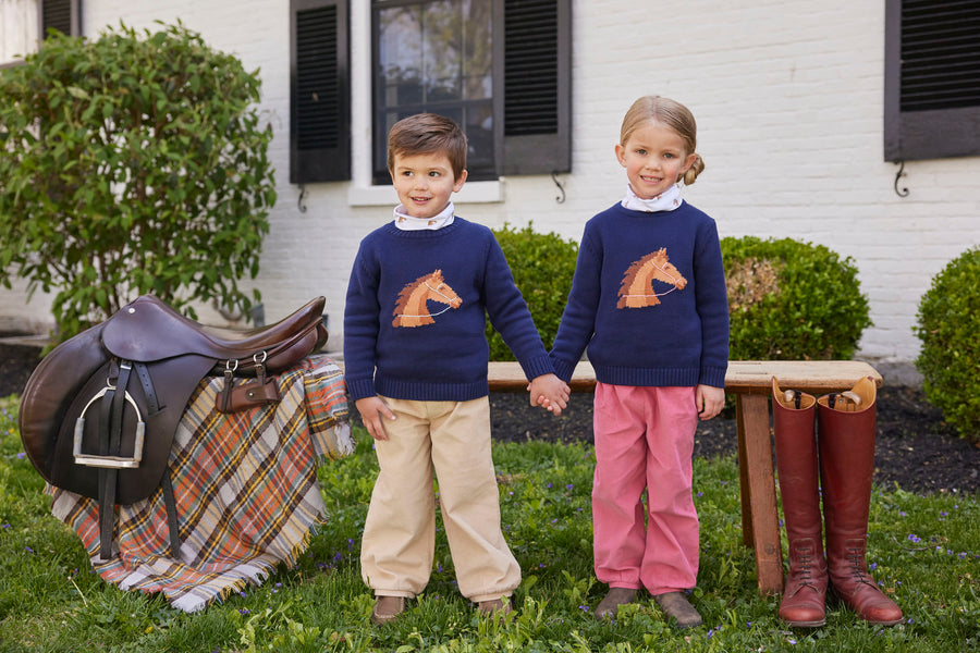 Little English classic childrens clothing girls navy knit intarsia sweater with horse motif