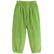 Little English toddler boy's elastic waist pants in sage green corduroy for fall