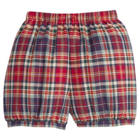 Little English classic children's clothing. Elastic waist banded plaid shorts for little boys. Deep red, navy, and hunter green plaid shorts for the holiday