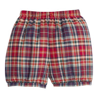 Little English classic children's clothing. Elastic waist banded plaid shorts for little boys. Deep red, navy, and hunter green plaid shorts for the holiday